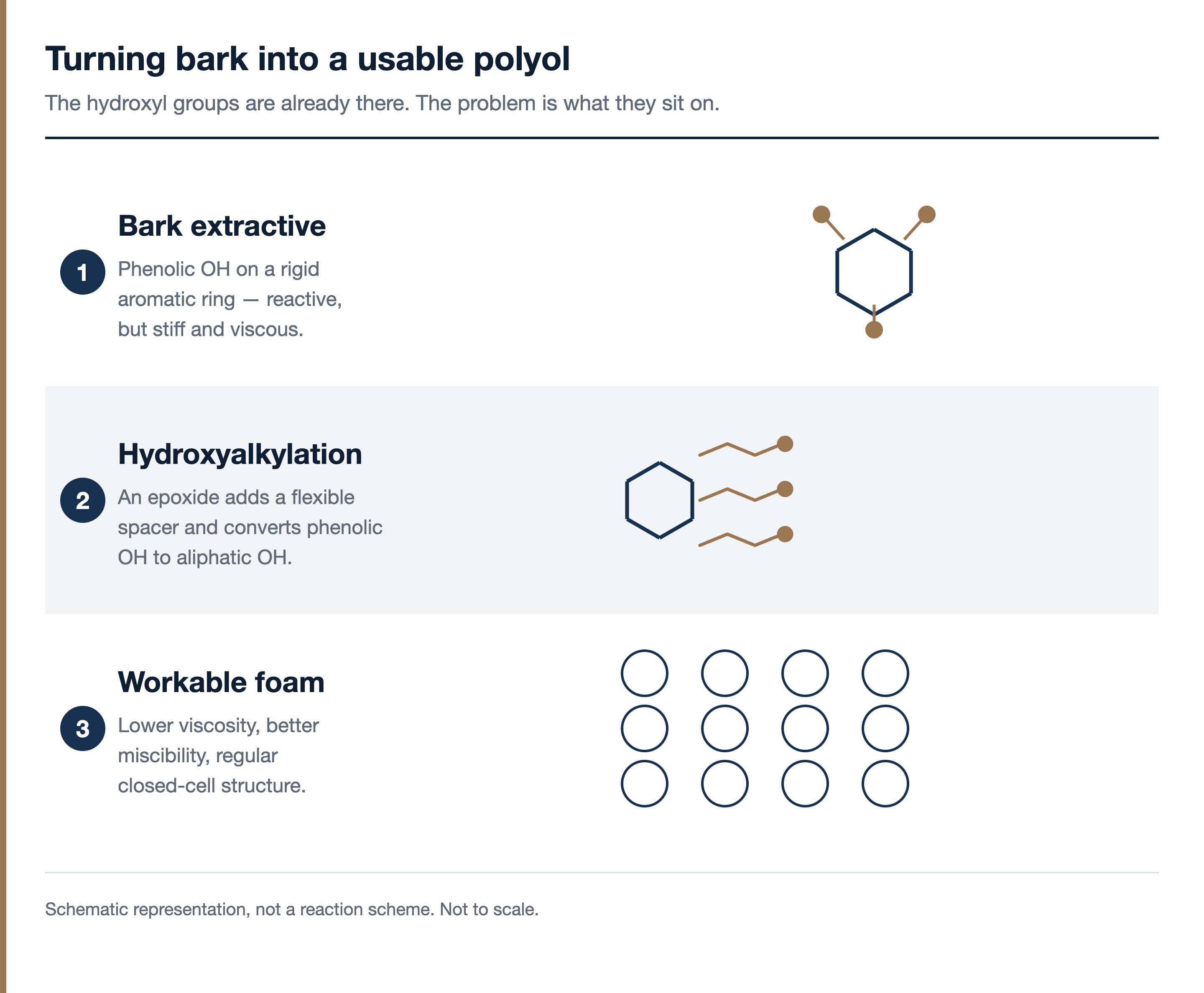 Three rows: a bark extractive with phenolic hydroxyl groups on a rigid aromatic ring; hydroxyalkylation adding flexible spacer chains; and the resulting regular closed-cell foam structure.